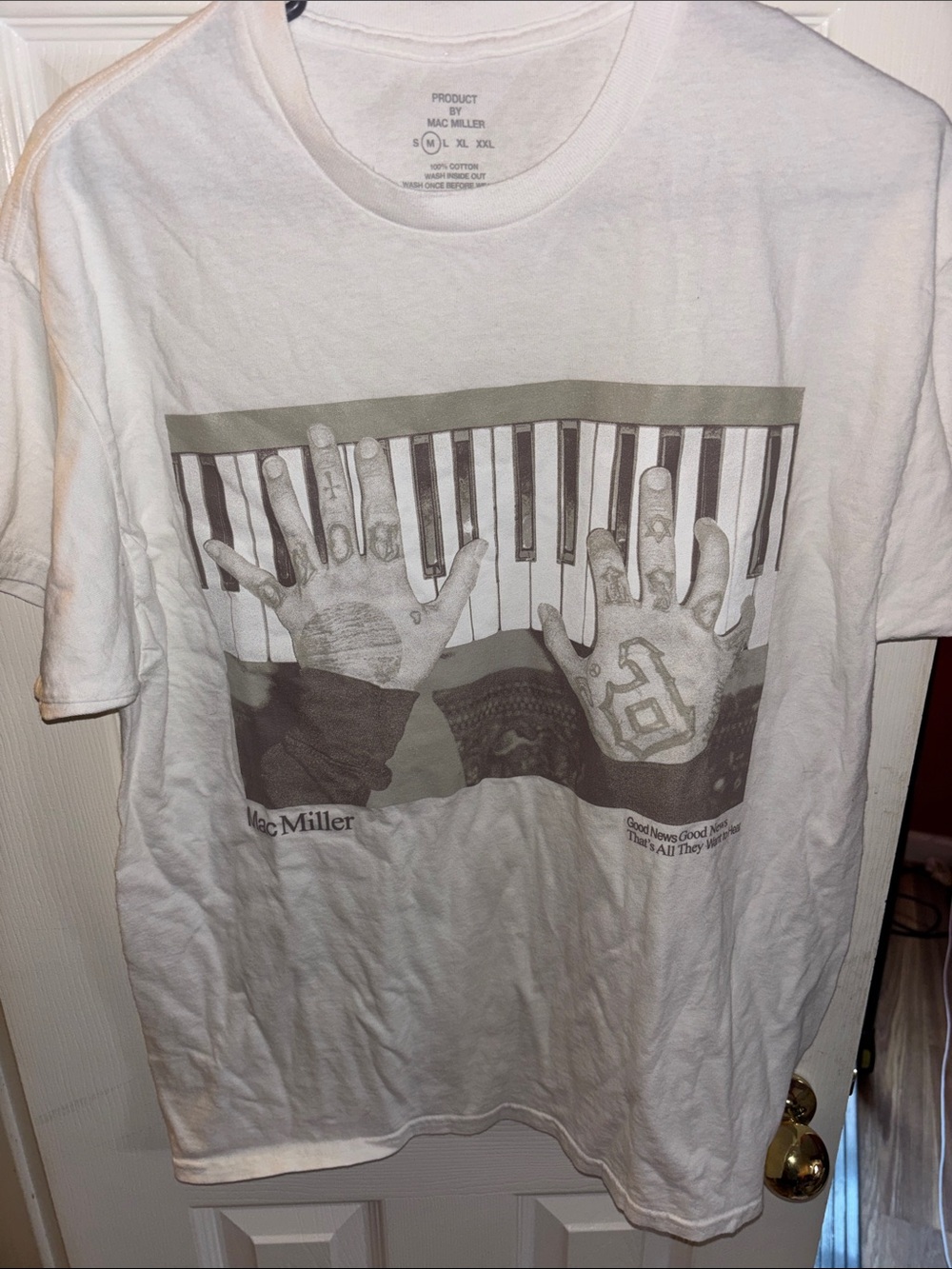 Adult White Graphic Tee with Piano Hands Print featuring Mac Miller